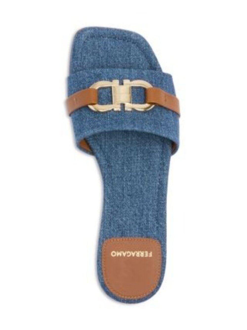 NWB Ferragamo Leah Gancini Slide Sandals Denim Natural Calf Size 5.5